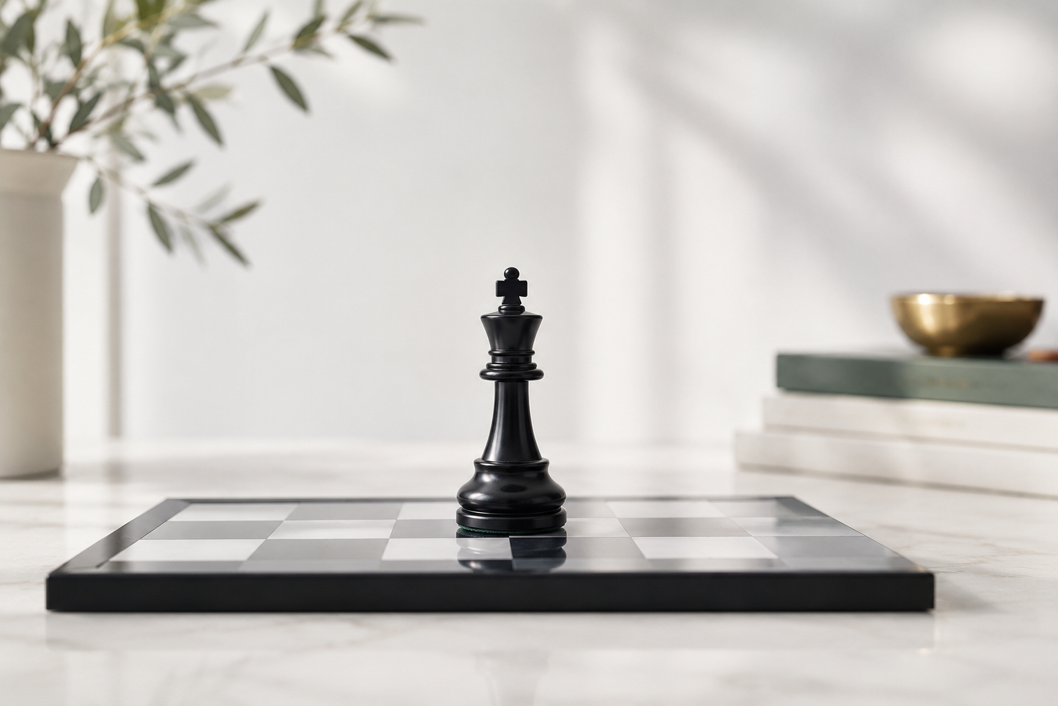 Black-and-white photo of a lone black chess piece on a board, representing high-stakes performance