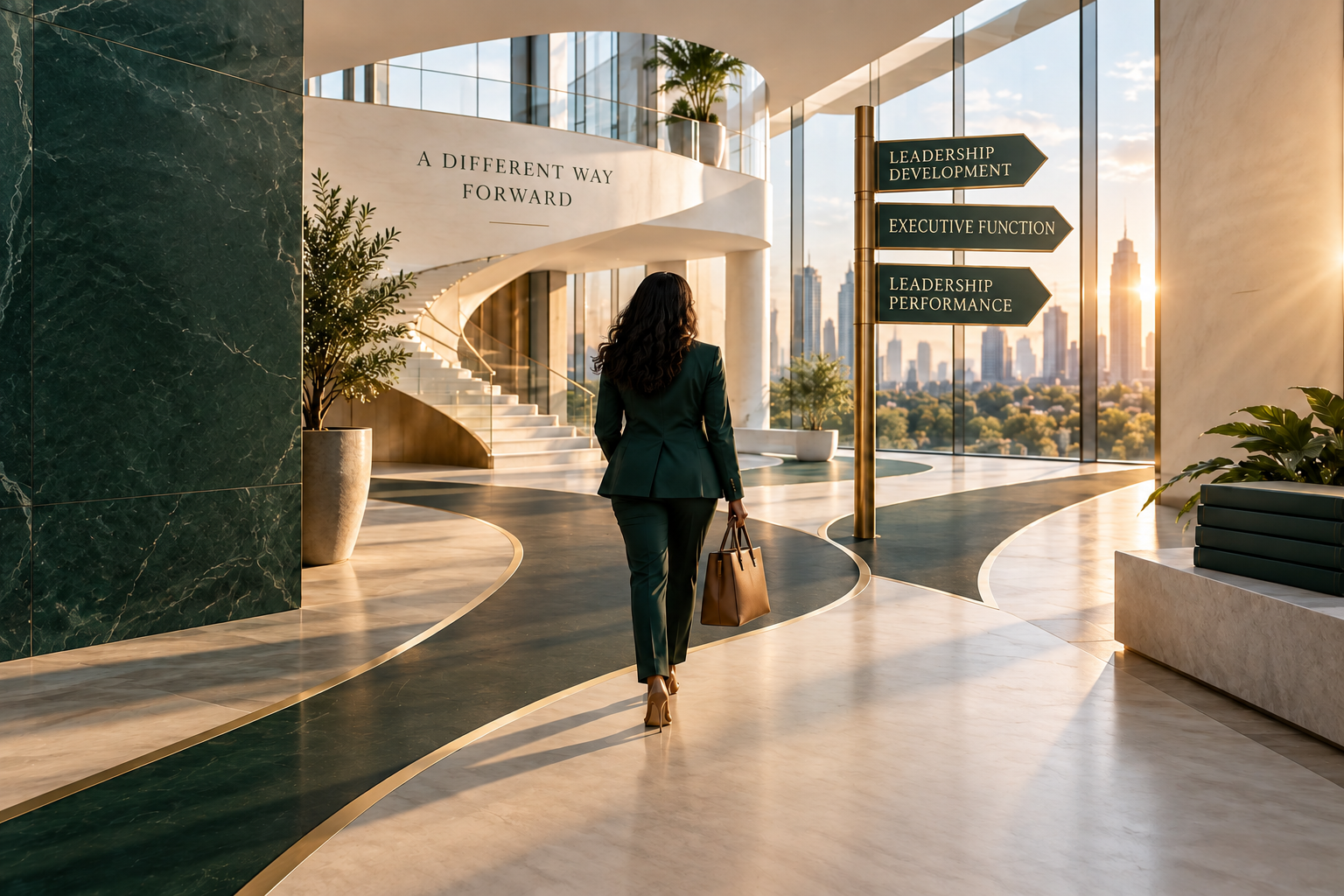 A woman in a business suit carrying a brown handbag walking through a modern, bright office lobby with floor-to-ceiling windows, sunlight, and city skyline in the background; signs pointing to leadership development, executive function, and leadership performance.