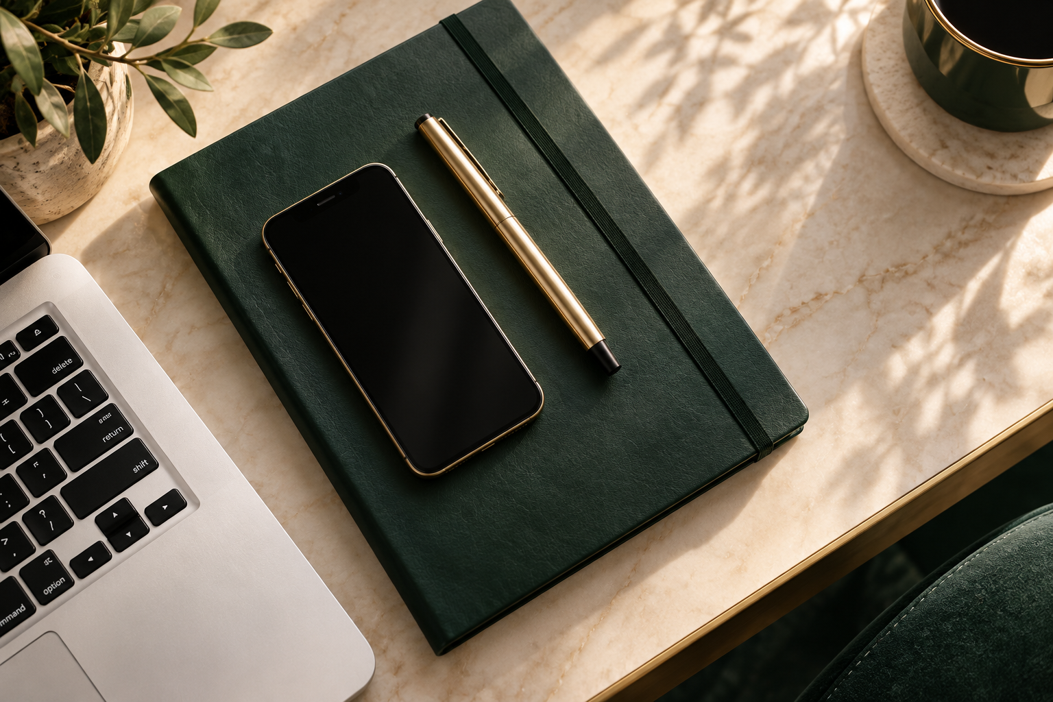 Minimal executive workspace with laptop, notebook, pen, and phone on a black desk