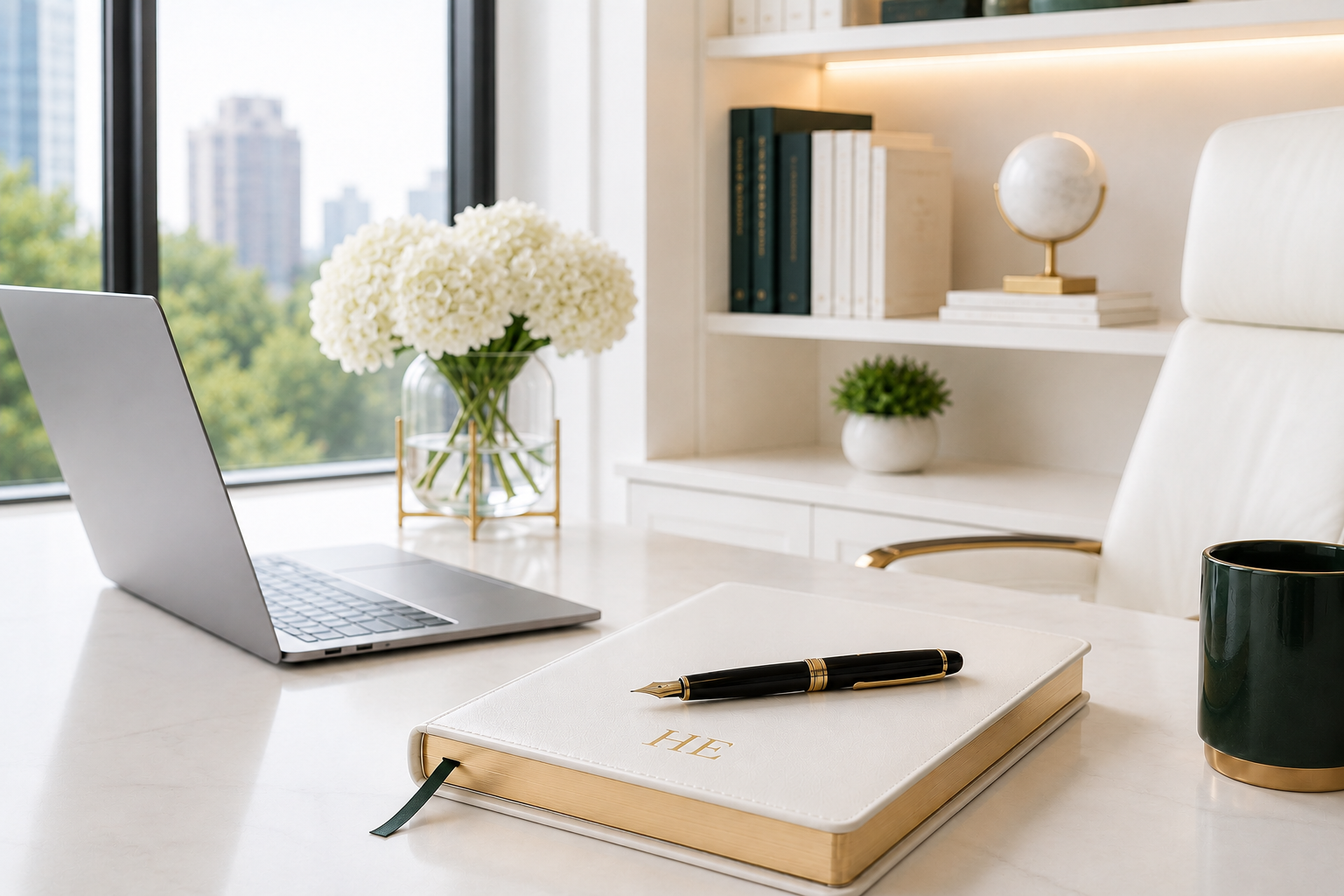 Minimal executive workspace with laptop, notebook, pen, and phone on a black desk