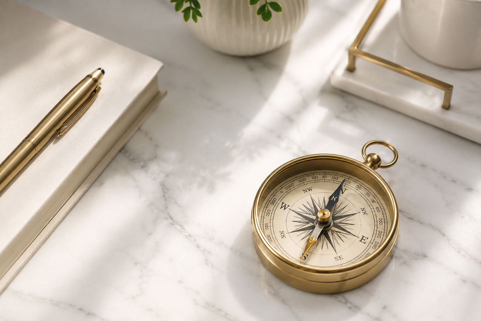 Small compass resting on beige textured fabric, representing direction and clarity
