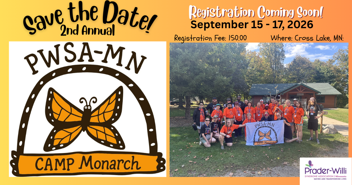 PWS Camp save the date flyer with happy campers and a monarch