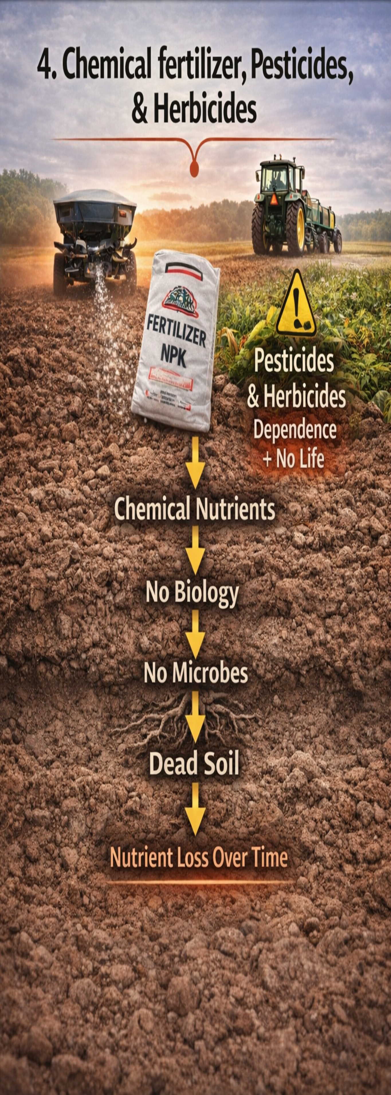 Chemical fertilizers with pesticides and herbicides kill the soils while worm castings rebuild the soil naturally.