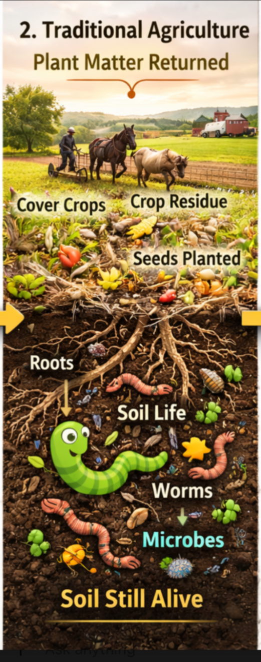 Traditional agriculture allowed crops to decay on the soil and did not remove life from the soils.