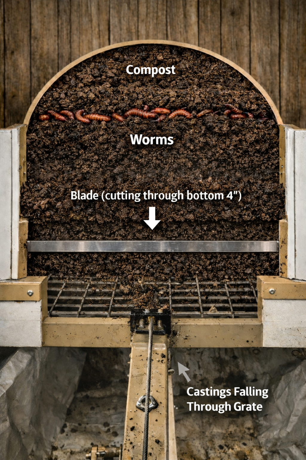 Continuous flow unit showing the blade mechanism for harvesting worm castings while not disturbing the worm ecology.