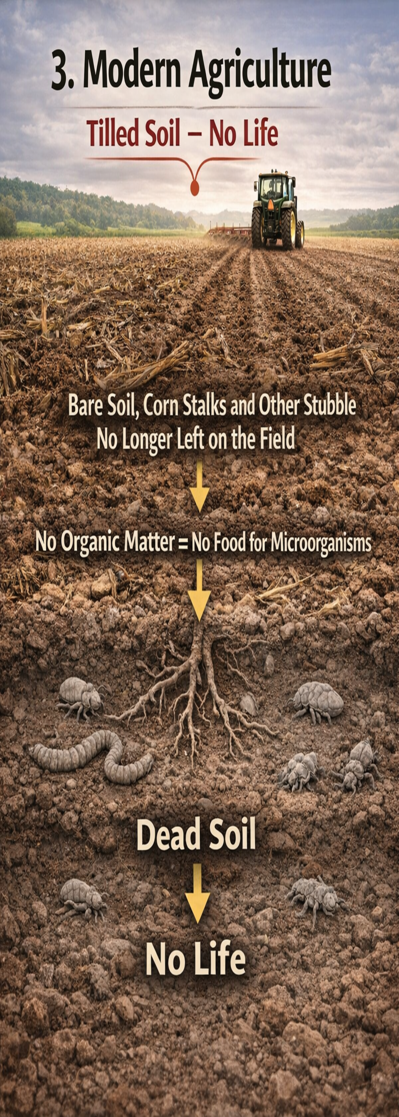 Modern agricultural practices of removing all vegetation leaves no food for microorganisms; worm castings is a solution along with changing farming techniques.
