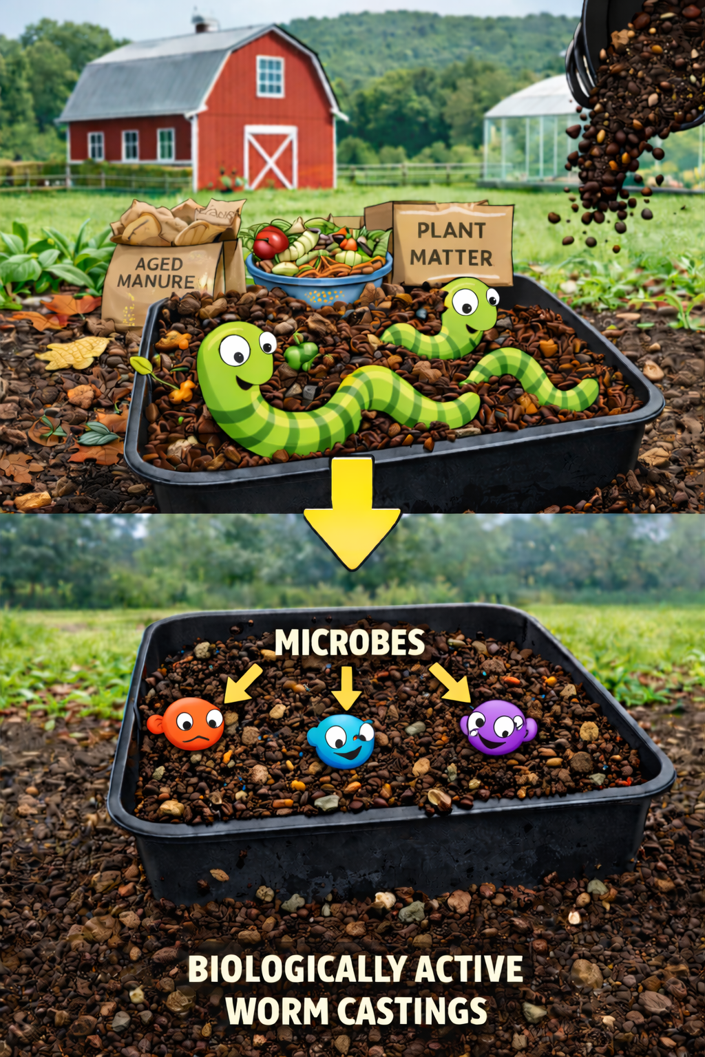 Worm castings are created through vermicomposting.  As the organic material passes through a worm's gut, microbes are created and exerted as worm castings which plant need in order to grow.