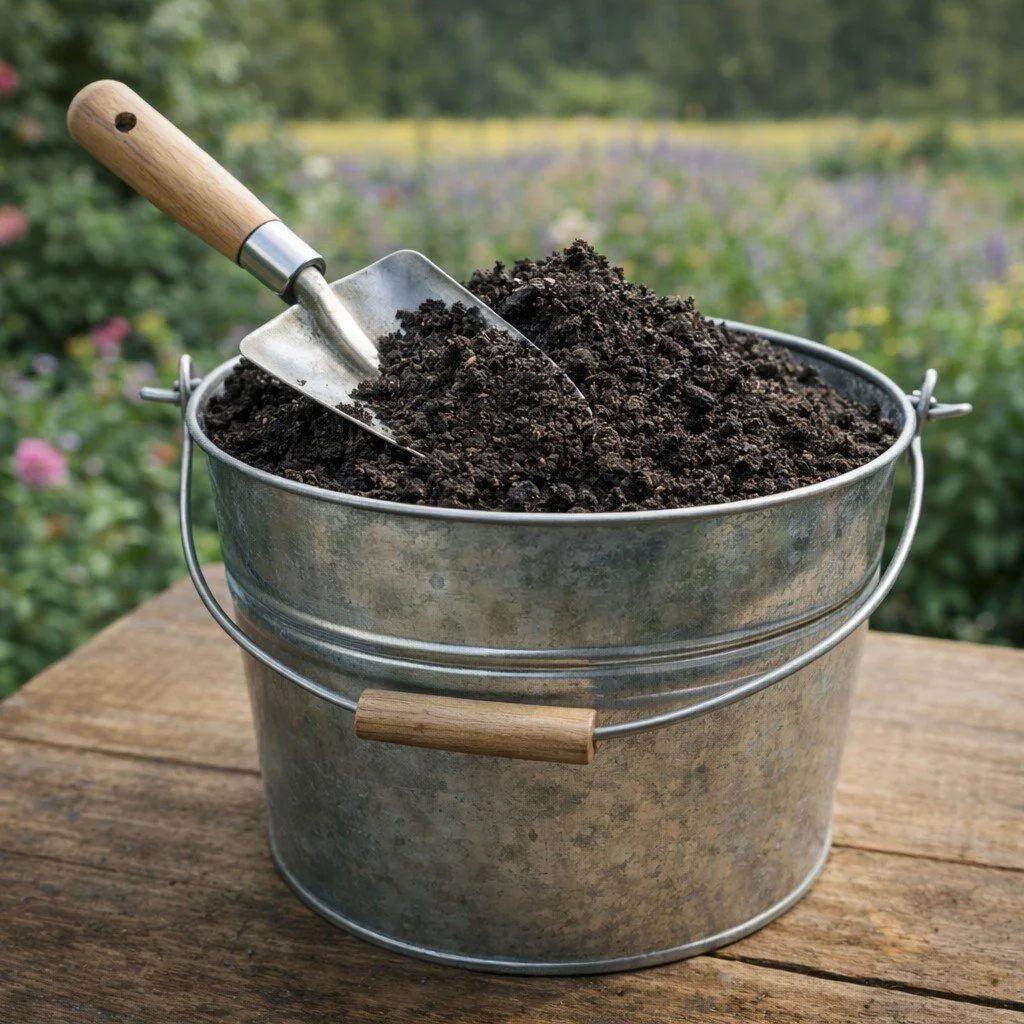 Here we have a pail of worm castings which are nature's magic, a natural soil amendment that brings life, biology back in soils and increases yields without the need for chemicals.