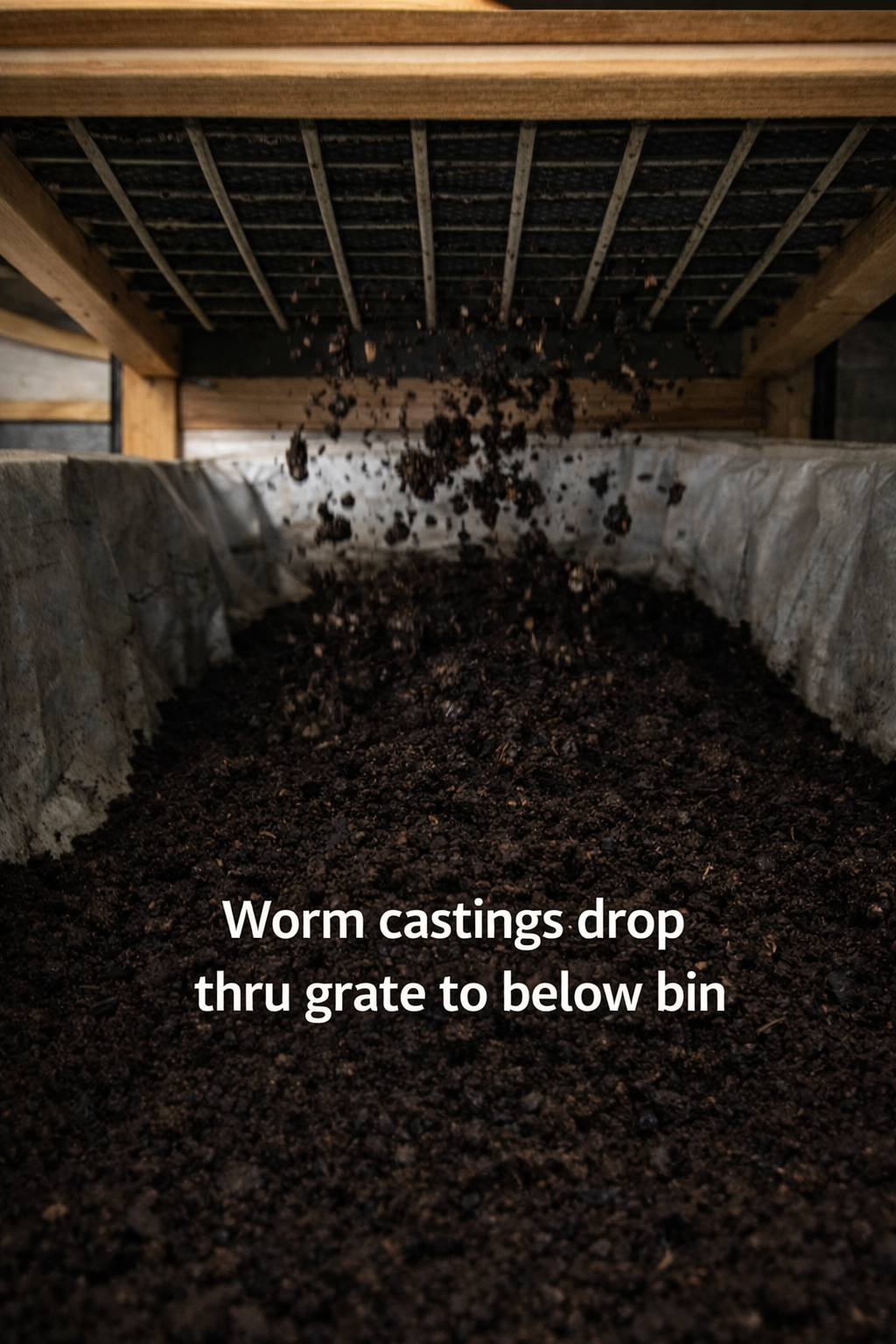 Worm castings come thru the grate of the vermicomposting bin.