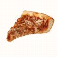 A slice of deep-dish pizza with a flaky crust