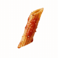 A single pasta noodle with sauce on a white background.