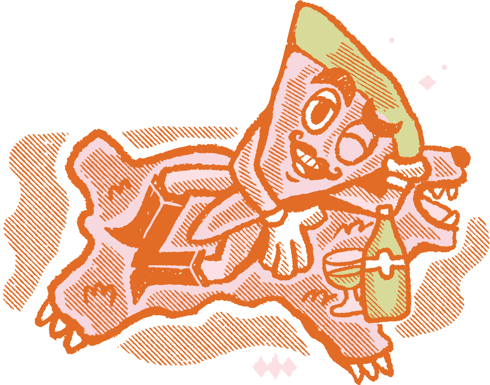 Pizza laying on bearskin rug with bottle of wine. Text says Like it deep, dish?