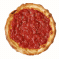 Close-up of a deep-dish pizza with tomato sauce