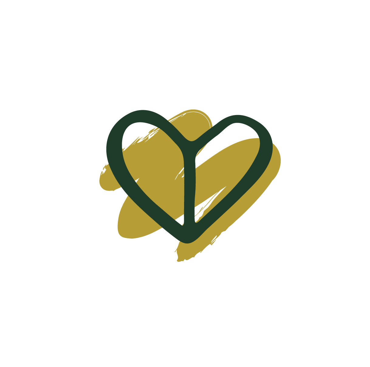 A dark green outline of a heart with a gold painted background and a stylized gold planet with rings in the background.