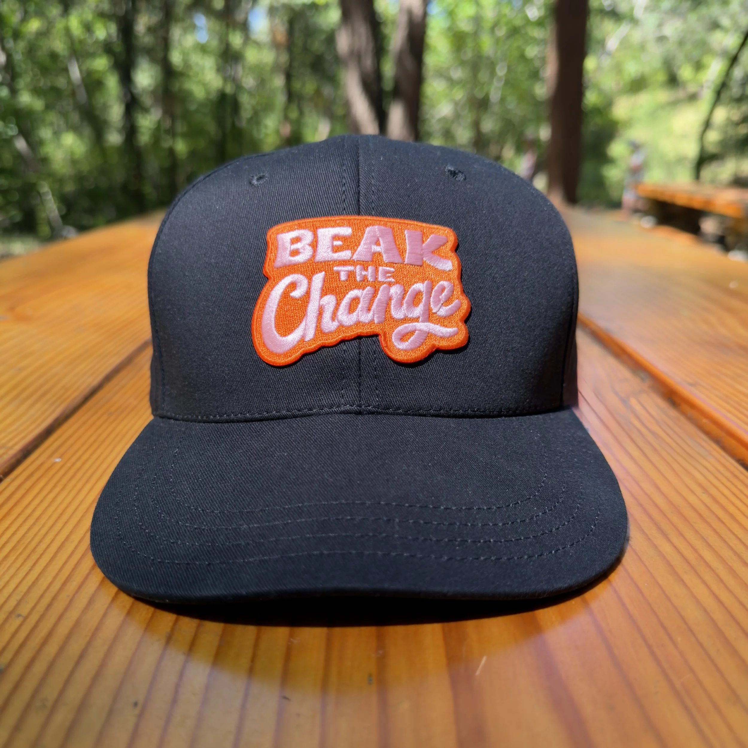 Image of a black baseball cap with a "Beak the change" message sitting atop a picnic table