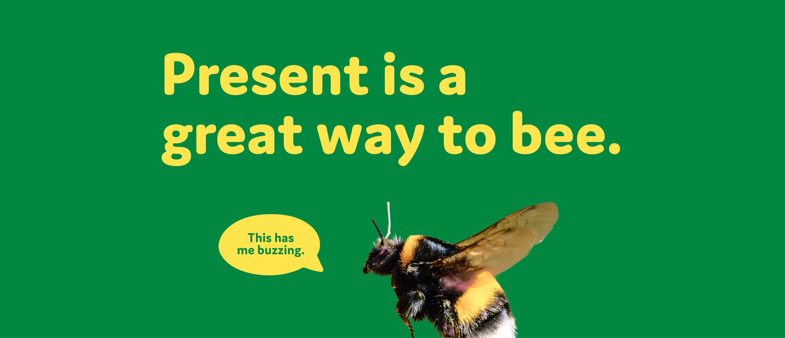 A bumblebee on a green background with yellow text that reads "Present is a great way to bee." A small speech bubble next to the bee says "This has me buzzing."