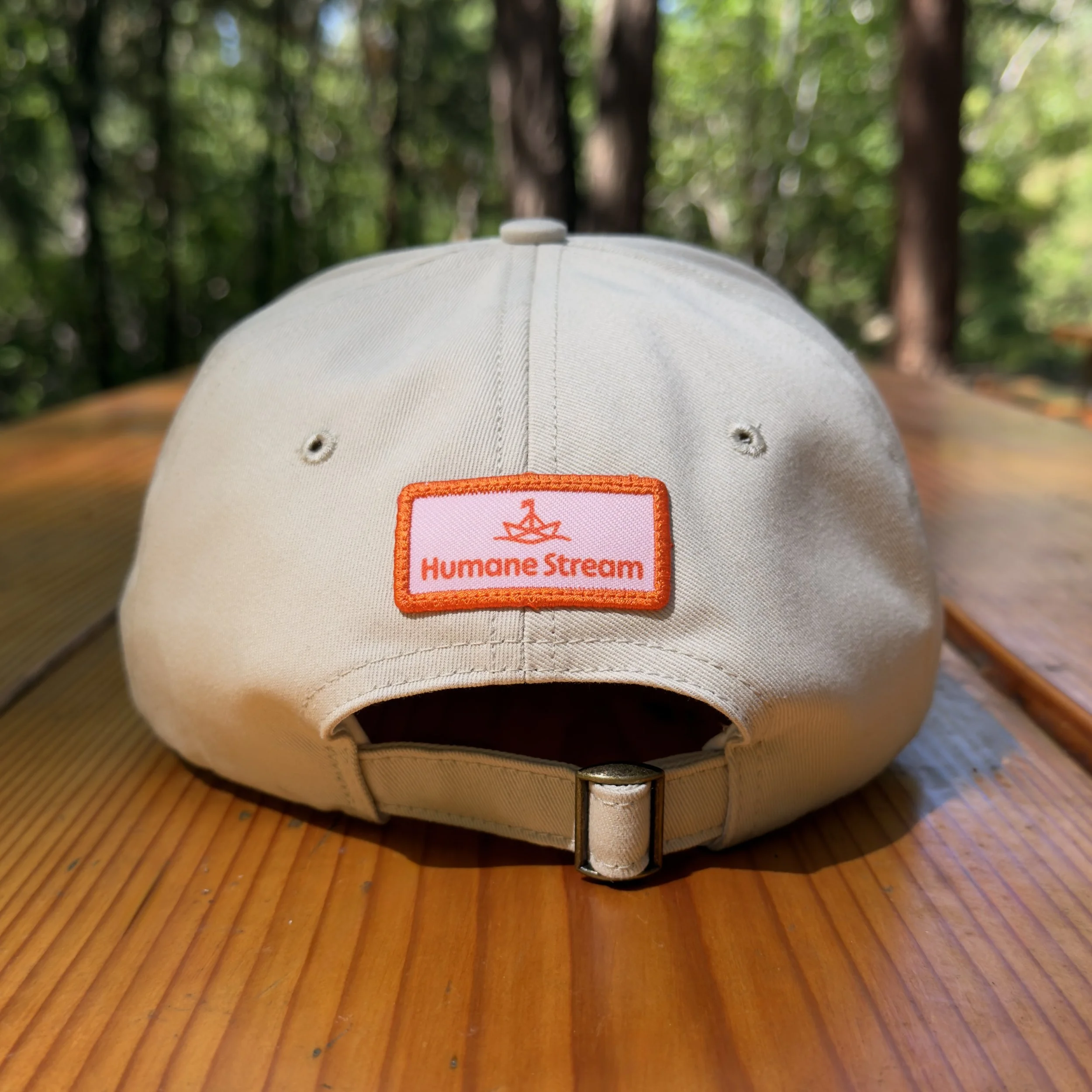 Image of the back of  an off-white baseball cap with a Humane Stream logo sitting atop a picnic table