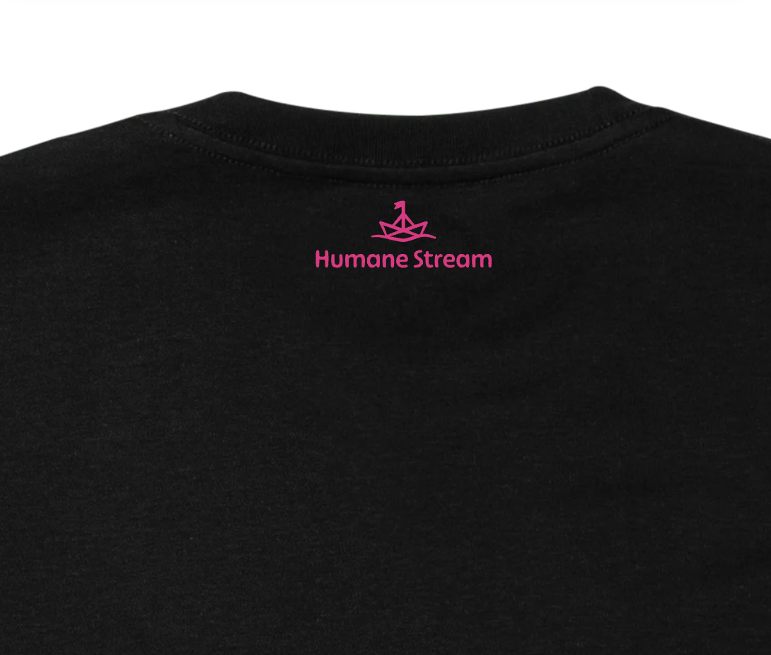The back of a black t-shirt with a Humane Stream logo