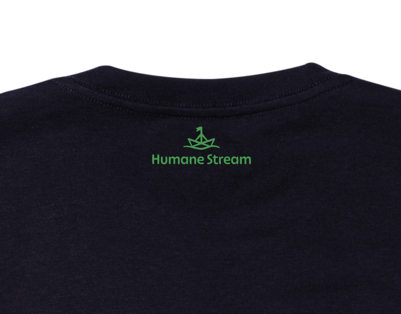 The back of a black t-shirt has a Humane Stream logo