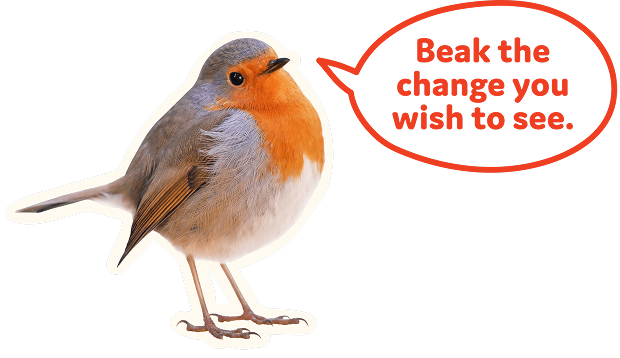 A small robin bird, and a speech bubble contains the pun "Beak the change you wish to see."