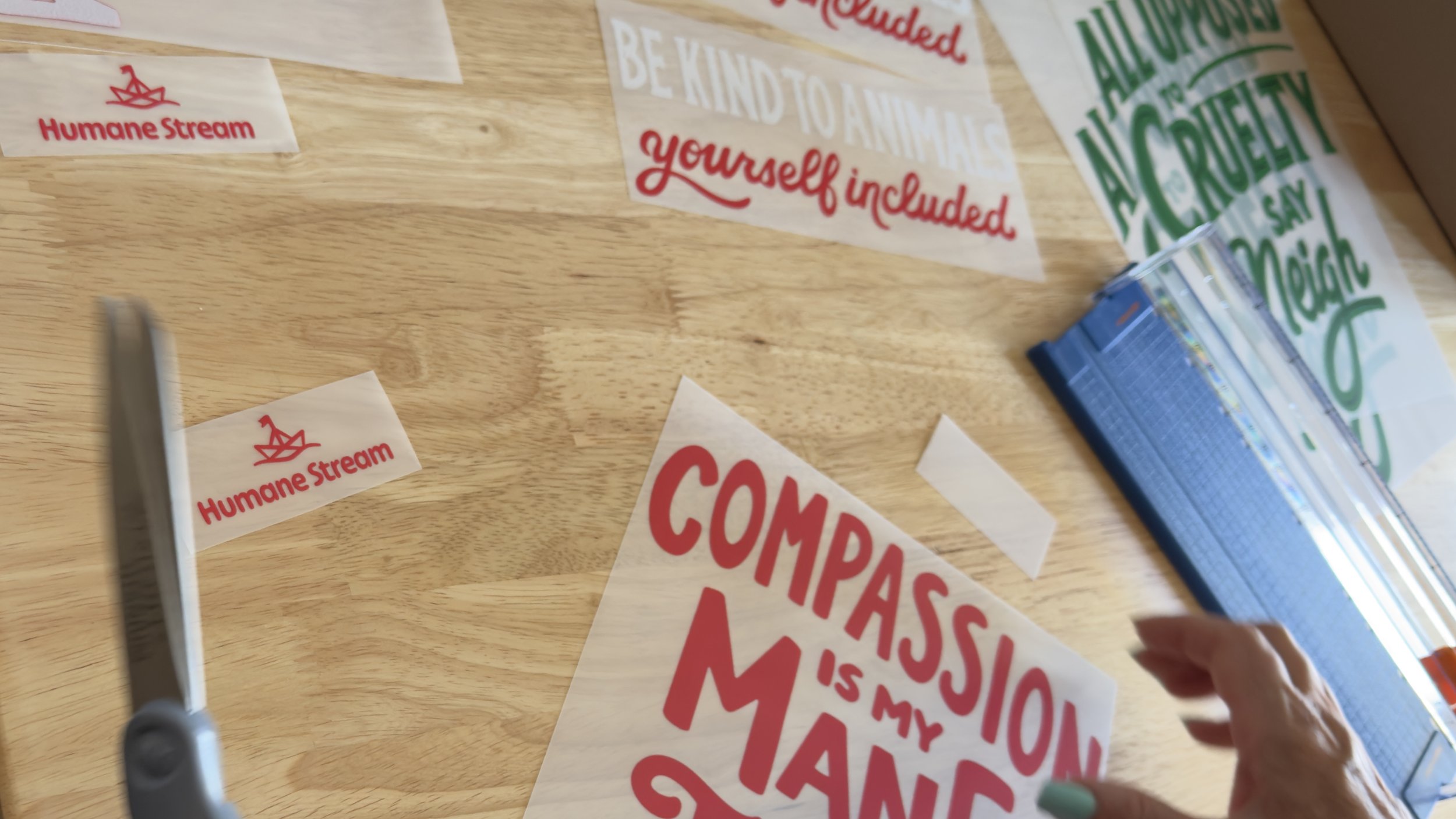 A workshop table with messages and several cutouts of the Humane Stream logo