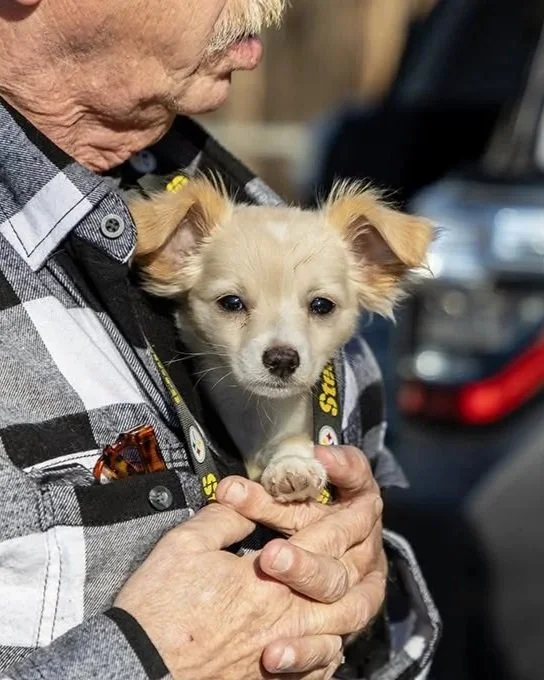 Image of a man with a small dog tucked inside of his shirt.