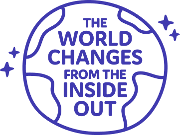 Doodle of a globe with text that reads: "The world changes from the inside out."