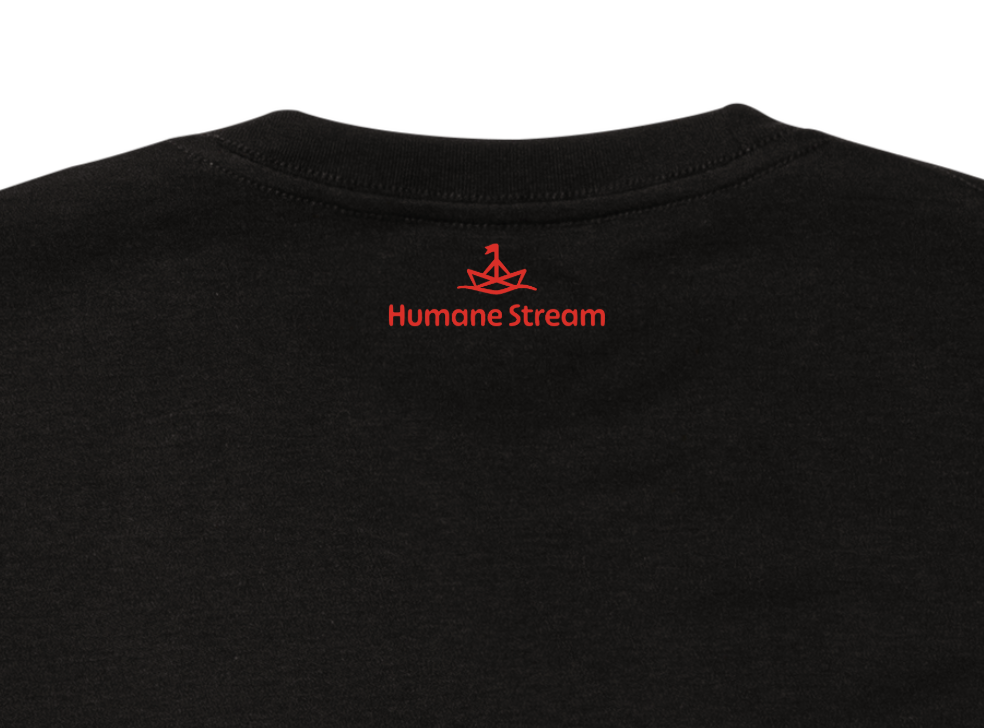 The back of a black t-shirt with a Humane Stream logo