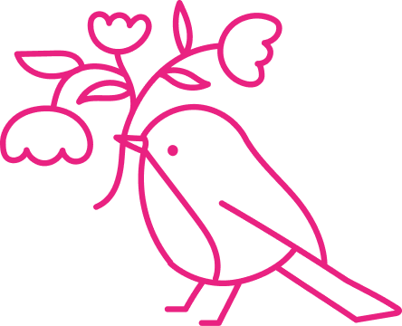 A pink doodle of a bird holding a flower.