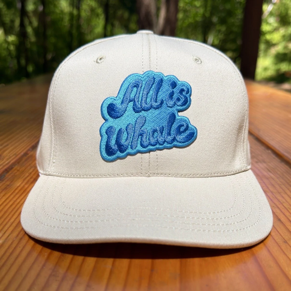 Image of an off-white baseball cap with an "All is whale" message sitting atop a picnic table