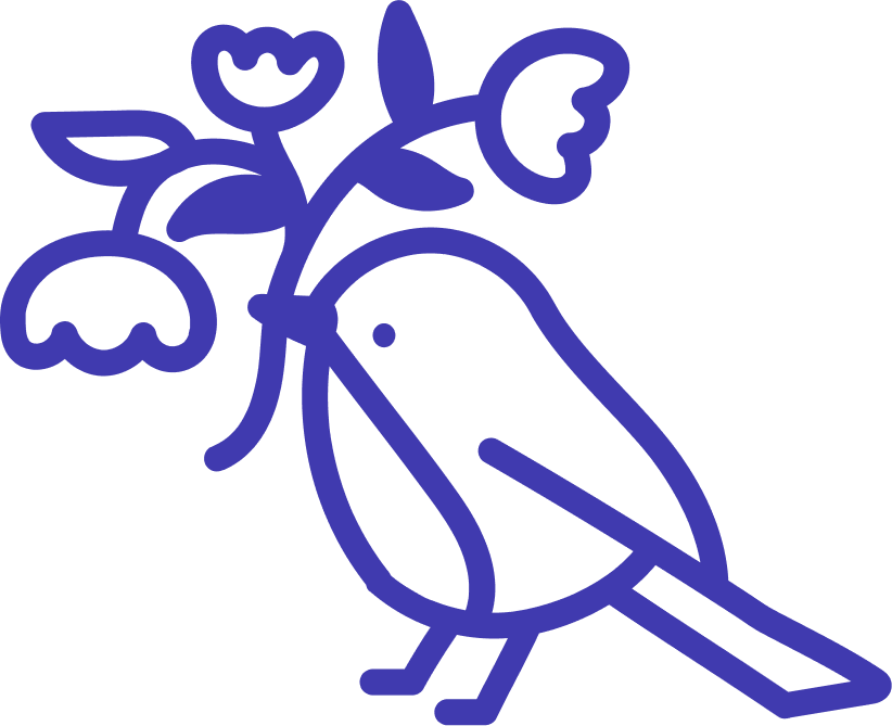 Doodle of a bird with flower in its beak to represent "animal-free".