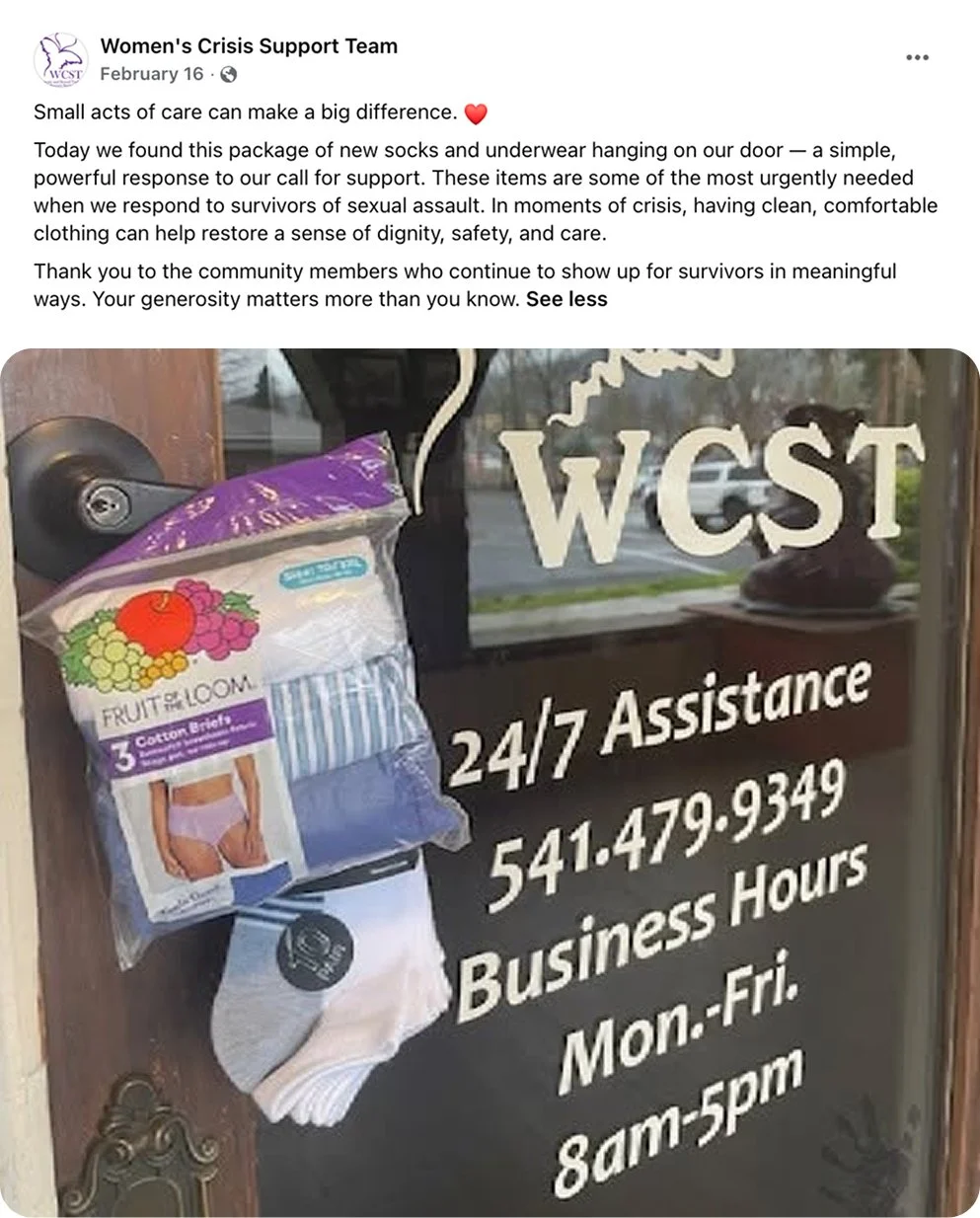 Image of a FaceBook post showing a donation of socks and underwear hanging on a door handle.