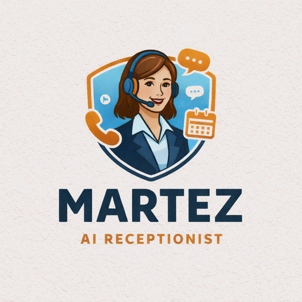 Logo featuring a female customer service representative with brown hair wearing a headset, headphones, and business attire, surrounded by icons of a phone, speech bubbles, and a calendar, with the text "Martez AI Receptionist" below.