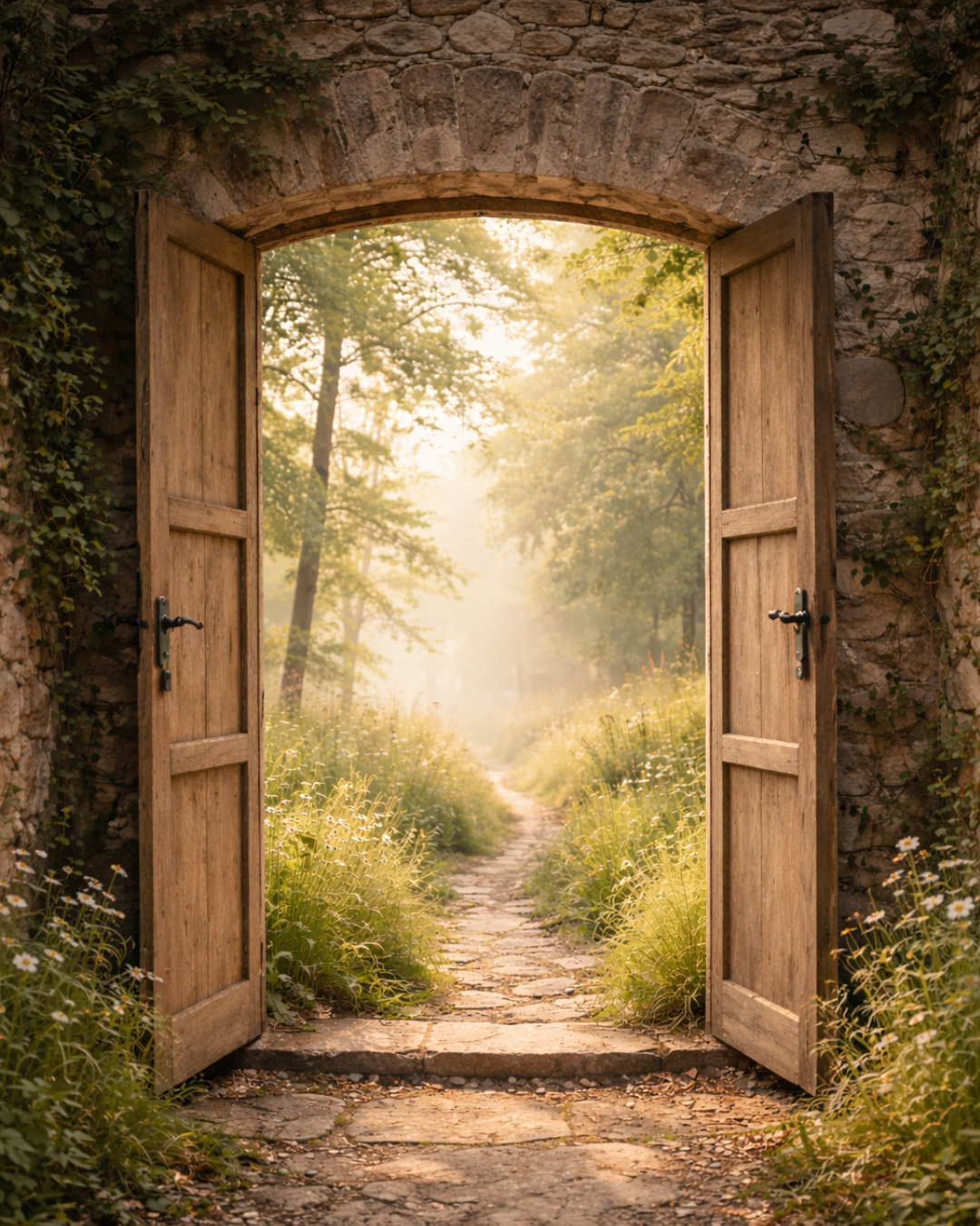 Open wooden doors in a stone archway leading to a sunlit forest path surrounded by greenery.