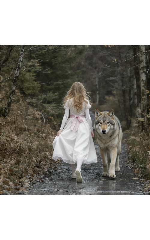 Young blonde woman in a white dress walking along a forest path beside a wolf.