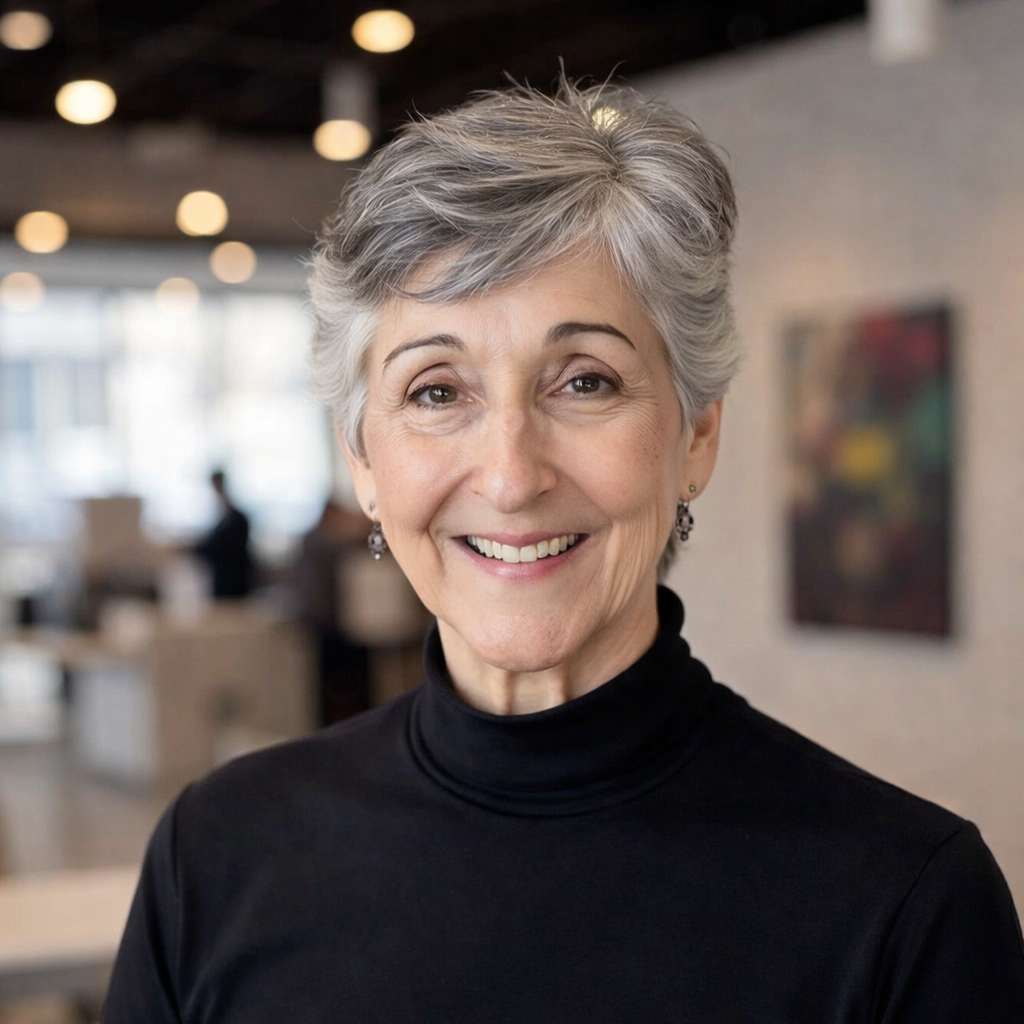 Smiling older woman with short gray hair wearing a black top, standing indoors.