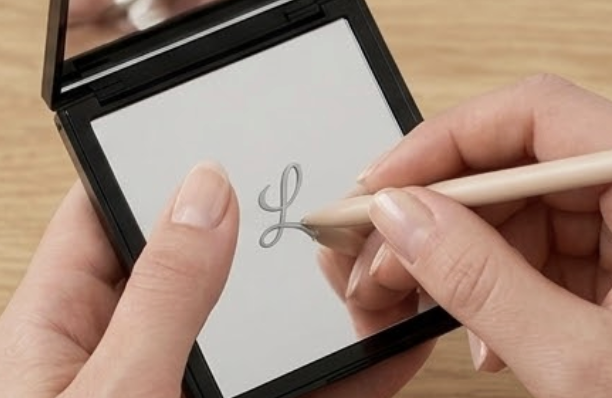 A person is writing a cursive letter 'L' in a small black case with a white touchscreen using a stylus pen.