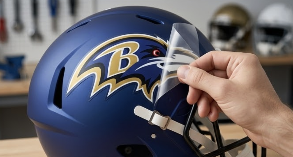 A person is applying a protective visor sticker onto a Baltimore Ravens football helmet. The helmet is navy blue with the Ravens logo, which features a black bird with red eyes and a gold outline, and a gold letter 'B'.