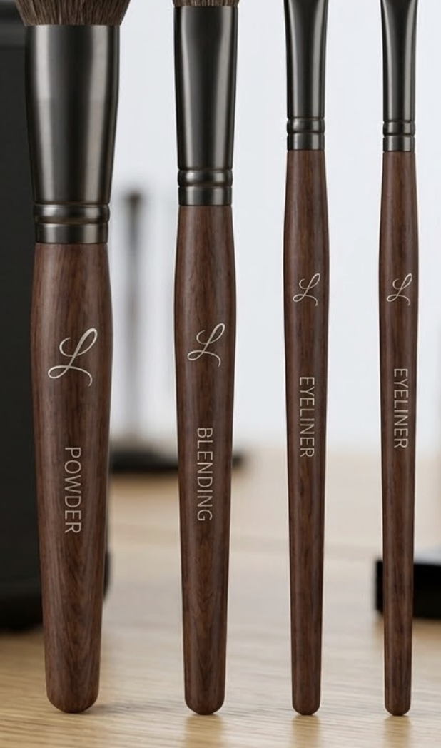 Set of four wooden makeup brushes with dark handles, labeled in white text as 'Powder,' 'Blending,' 'Eyeliner,' and 'Eyeliner' from left to right.