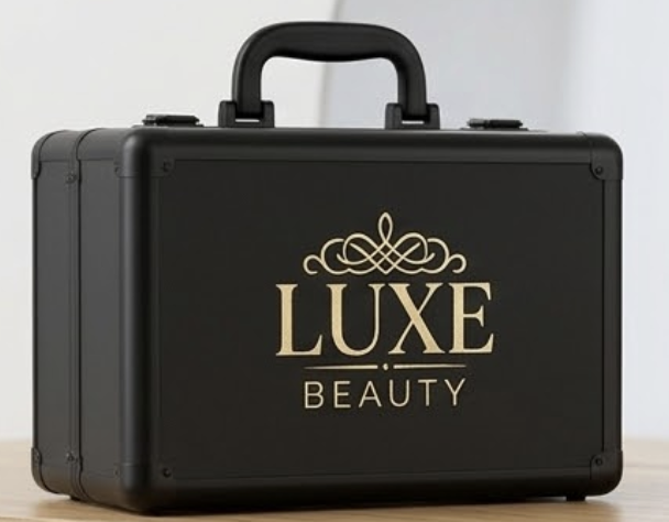 A black beauty case with a handle and gold lettering that says "LUXE BEAUTY" on the front.