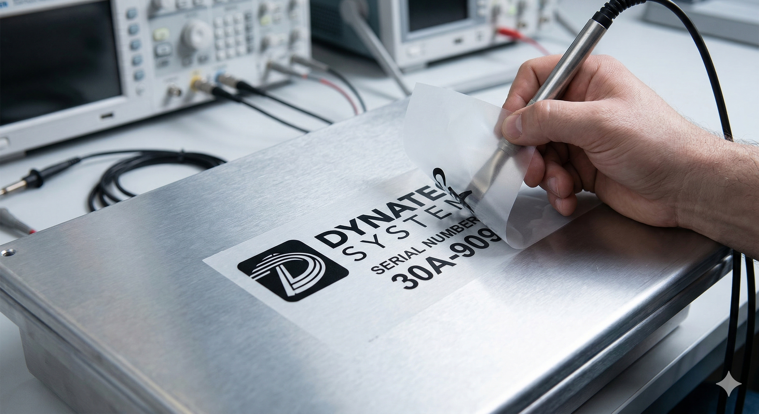 A person applying a protective sticker to a Dynatec System module with electronic testing equipment in the background.
