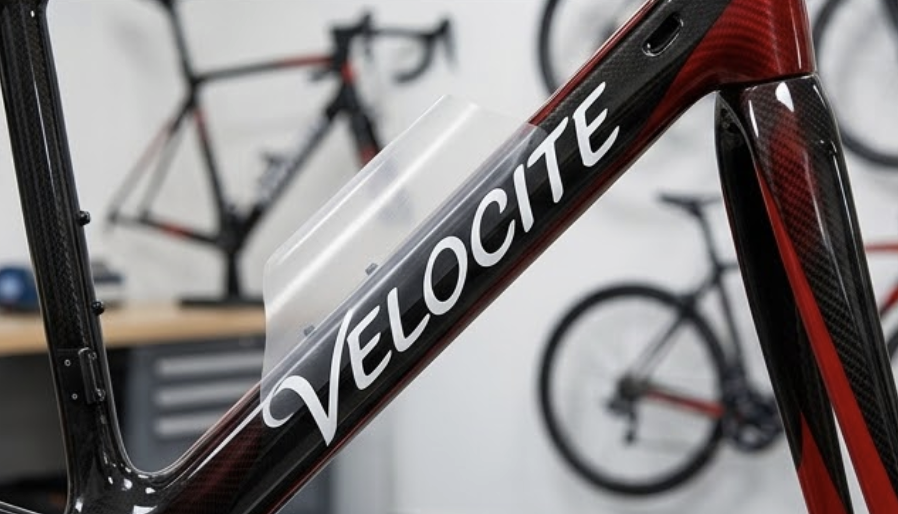 Close-up of a black and red bicycle frame with the word 'VELOCIPE' printed on it, with two other bikes in the background in a workshop or bike shop setting.