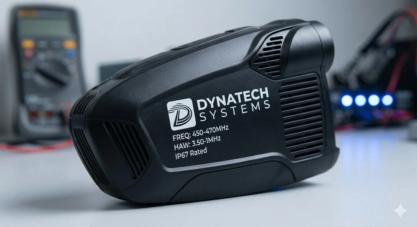 Close-up of a Dynatech Systems electronic device with specifications labeled, on a white surface with blurred electronic equipment in the background.