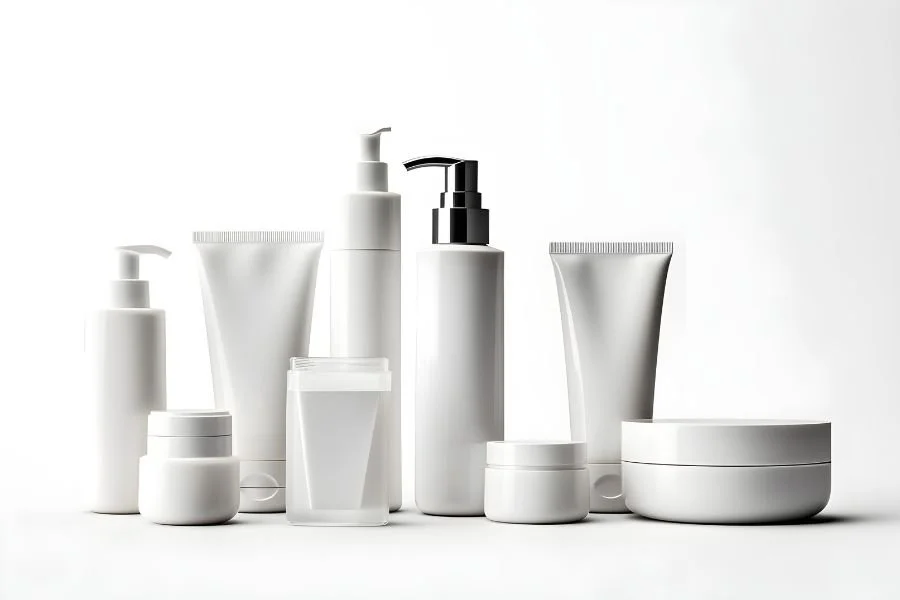 Assorted white skincare and cosmetic containers with pumps and lids arranged on a white surface against a white background.