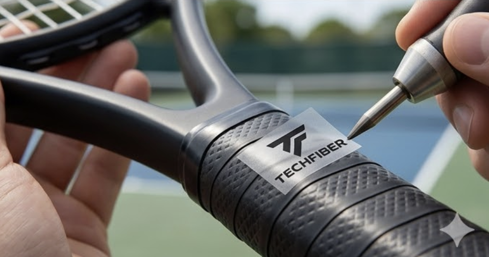 A person writing on a sticker that says 'TECHFIBER' with a pen, on a bicycle handlebar grip.