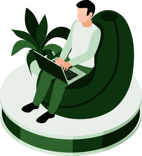 Illustration of a person sitting on a green, banana-shaped chair while using a laptop, with large green leaves in the background.