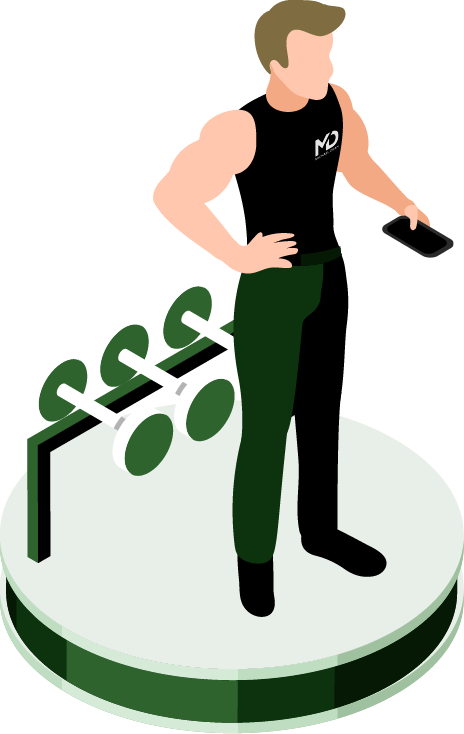 A person standing on a circular platform at a gym, holding a smartphone, near a rack of dumbbells.