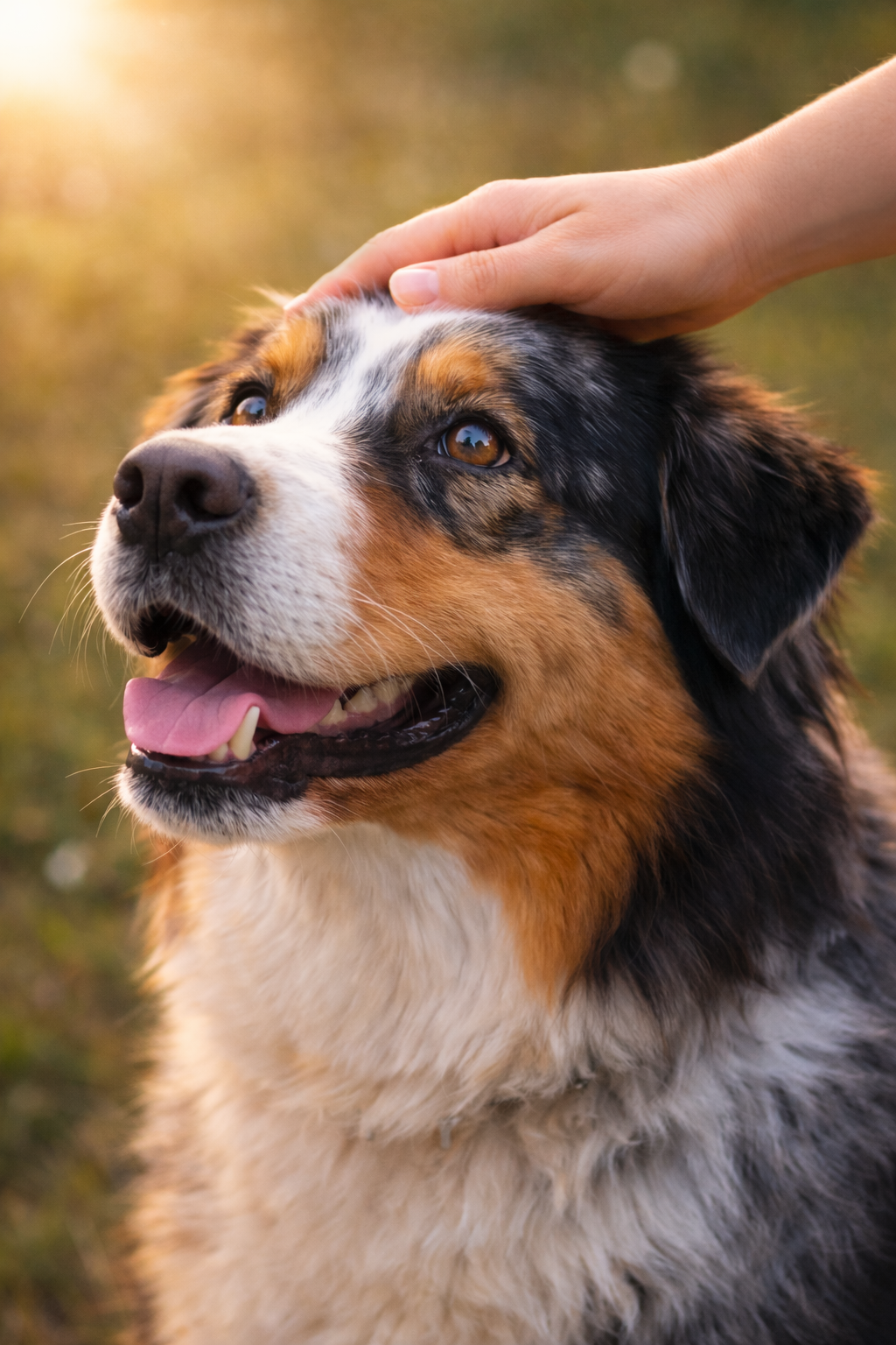 Australian Shepherd looking up as a gentle hand pets its head, symbolising protecting what makes your pet unique