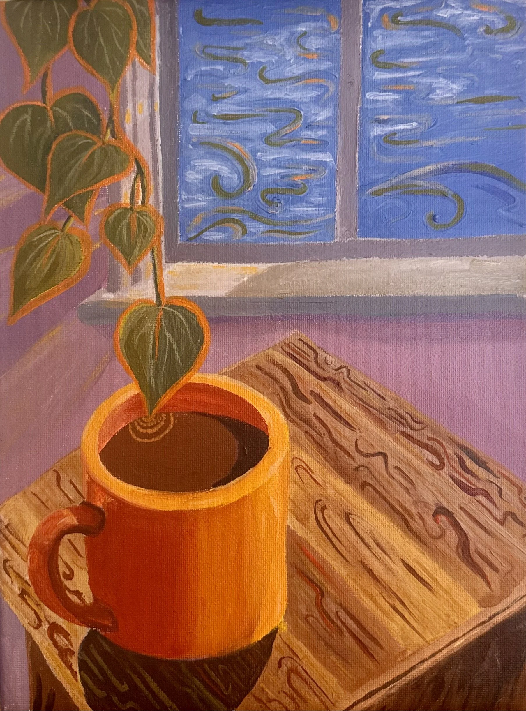 A dreamy artistic painting of a yellow mug filled with coffee, placed on a wooden table near a window, with a trailing green vine with heart-shaped leaves on the left side, and a blue sky with swirling wind patterns visible through the window.