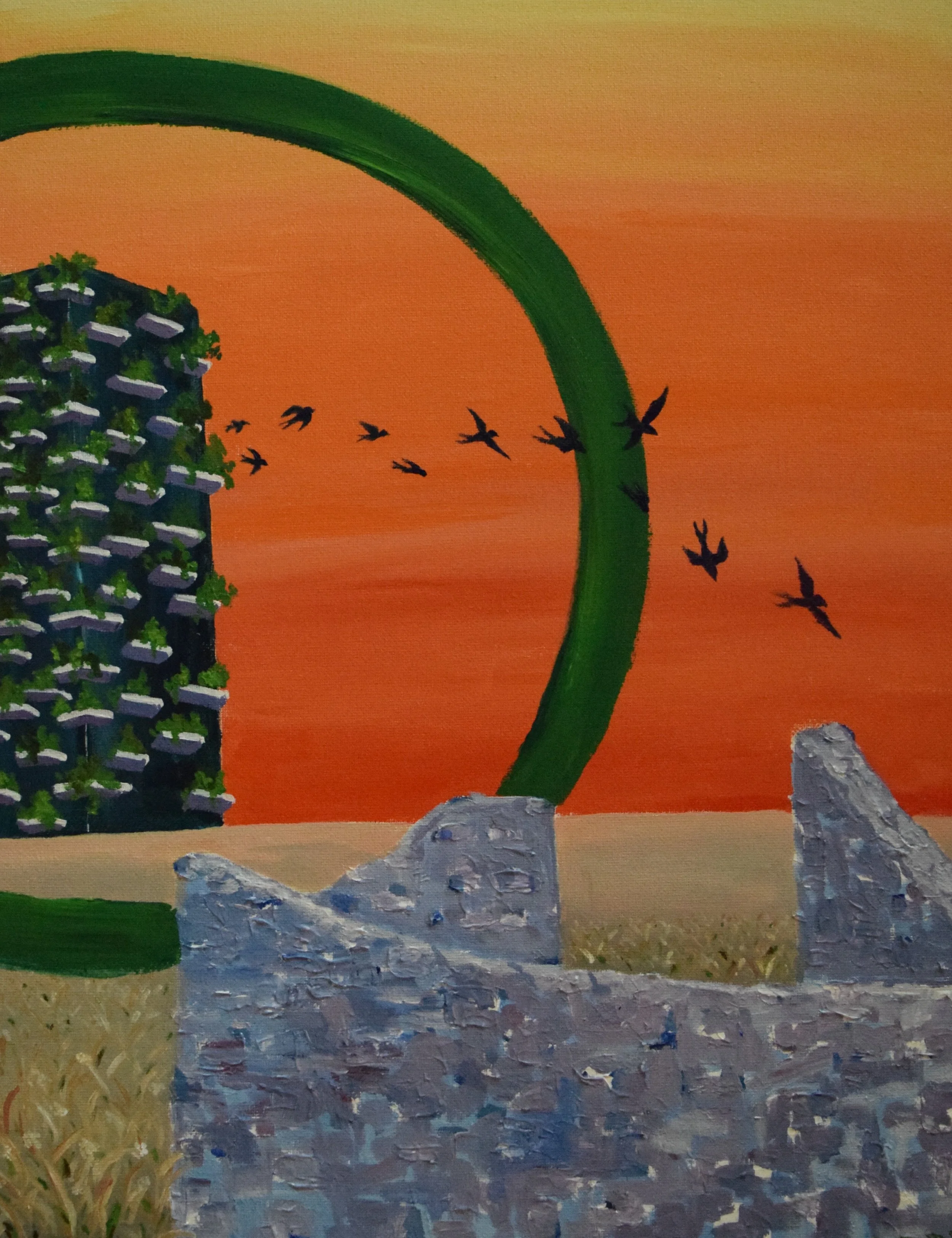 An abstract painting of Bosco Verticale in Milan, depicting the passage of time between this new creation and the walls of Pompeii. Also, a flock of black birds flying across an orange sky during sunset.